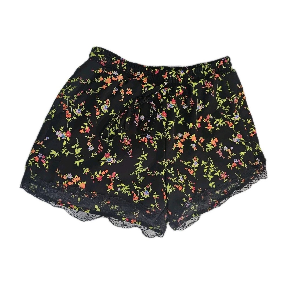 EM Shorts Womens M Black High Rise Elastic Waist Floral Print Activewear Pull On